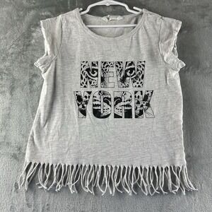 H&M Top T-Shirt Girls 10 - 12 Y Gray New York Leopard Animal Print Fringe